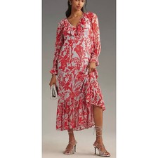 Anthropologie Red Tropical Floral Chiffon Ruffle V-Neck Maxi Dress XXSRomantic