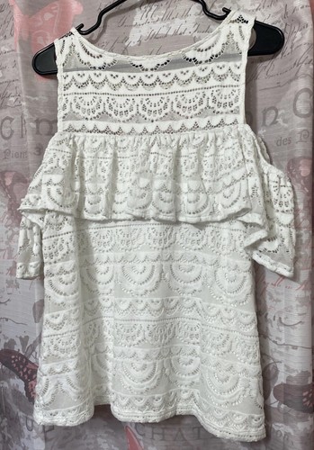 LILLY PULITZER Lycra Top Womens Large Resort White Scalloped Lace Cold Shoulder - Picture 5 of 10