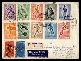 DR WHO 1958 SOMALIA SPORT REGISTRATO MOGADISCIO POSTA AEREA PER USA R72357