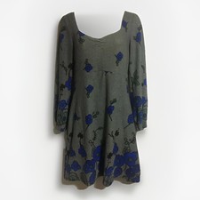 WOMENS UK 10 DRESS GREY WITH BLUE FLOWERS PRINT LADIES BOHO SKATER STYLE