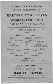 EXETER CITY RESERVES V WORCESTER 1950 51 SOUTHERN LEAGUE 28TH APRIL 1951 S/S