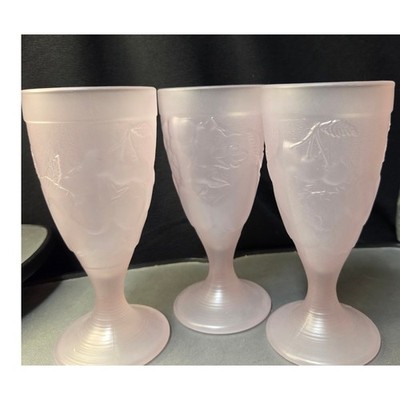 Vintage Pink Frosted Goblets Set of 3 Fruit Relief 6.75'' Pressed Glass
