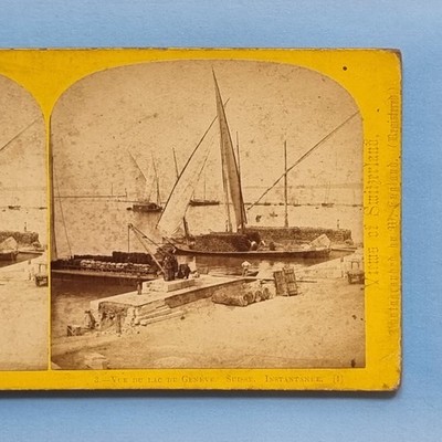 Stereoview Karte 3D Echtfoto um 1870 Genf Schweiz See Kai Alpenverein