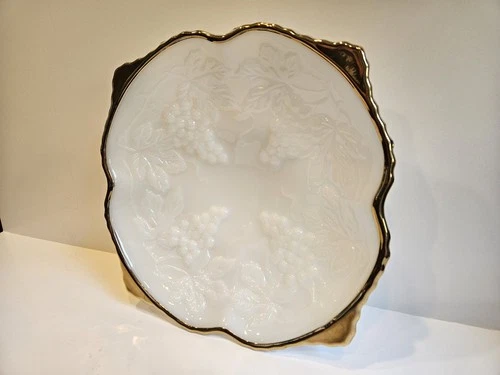 Vintage, Victorian Style Milk Glass Serving Platter with Gold Trim/Gilding