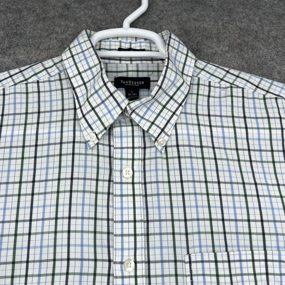 Camisa Van Heusen Para Hombre Grande Blanca Azul Verde A Cuadros Sin Hierro Vestido Abotonado Foto 2 de 4