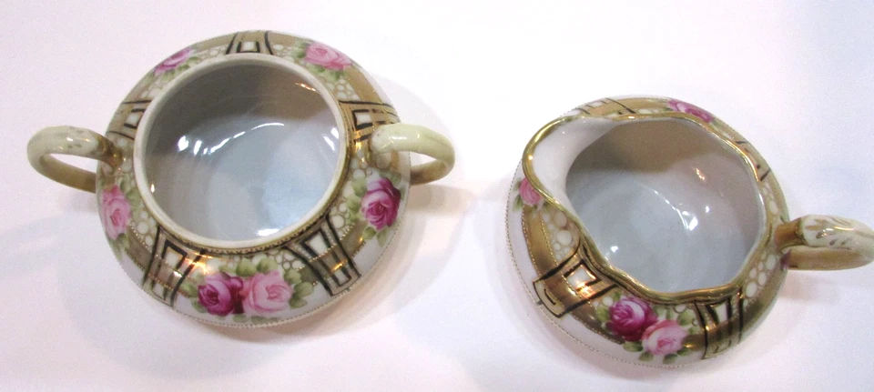 Antiguo Nippon Moriage Crema Azúcar Set Pintado a Mano Rosas Rosas Oro Decoración Foto 4 de 4