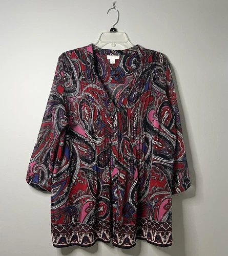 Charter Club Relaxed Women’s Blouse Button Up Shirt Size 1X Paisley Pleated