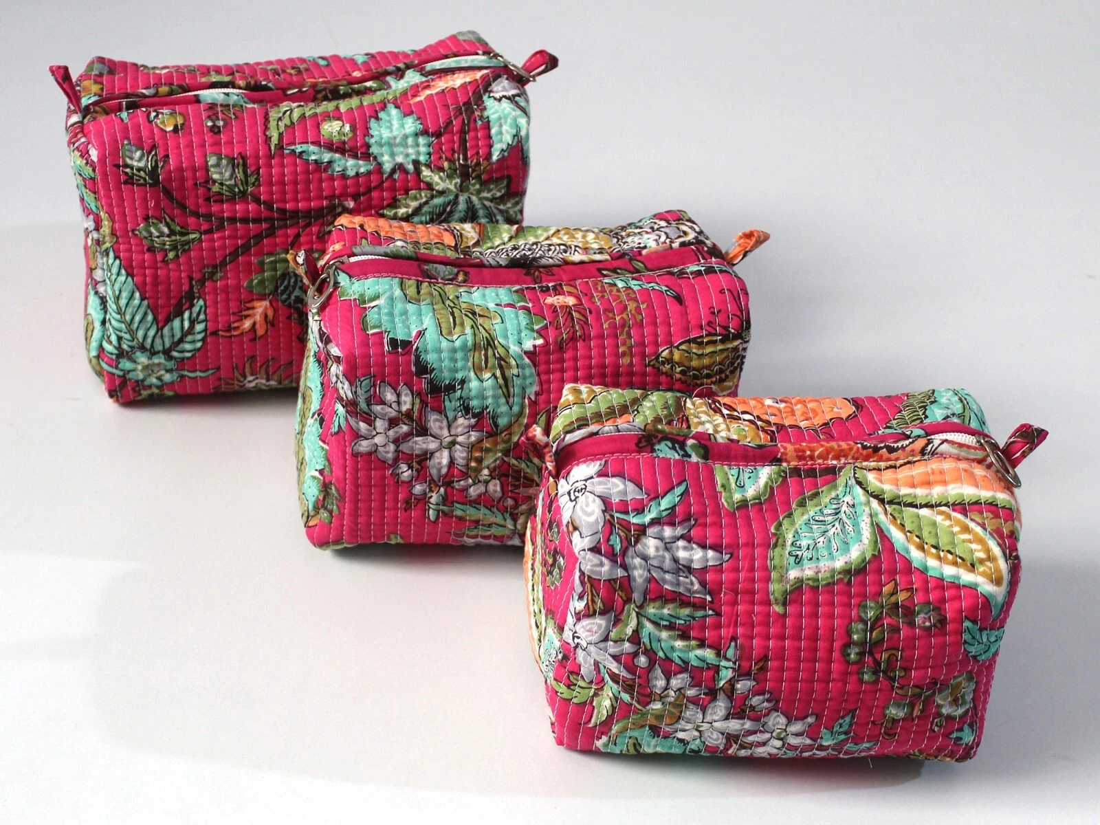 Pink Floral Printed Cotton Quilted Toiletry Purse Cosmetic Storage Bag Of 3 Pc