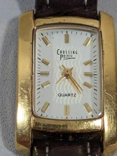 Crossing point White Dial Gold Tone Rectangle Case Brown Leather Band Watch
