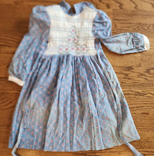 Vintage Polly Flinders Blue Flowered Hand Smocked Long Sleeve Dress Size 8