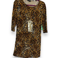 Tacera A-Line Animal Print Dress Womens Small Petite Brown Necklace Career NEW