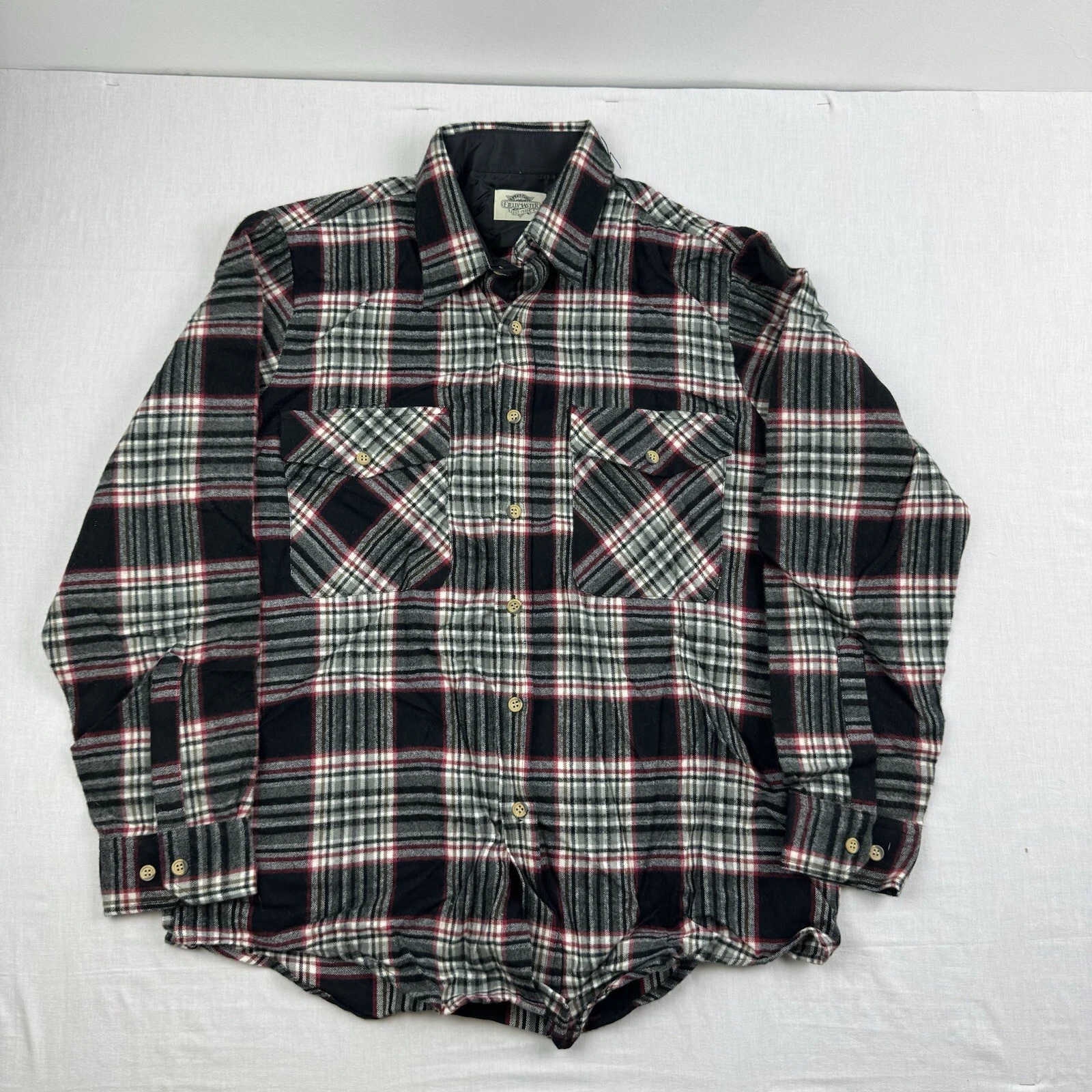 Vintage Fieldmaster Flannel Shirt Button Up Adult Large Black Plaid Outdoor 90s