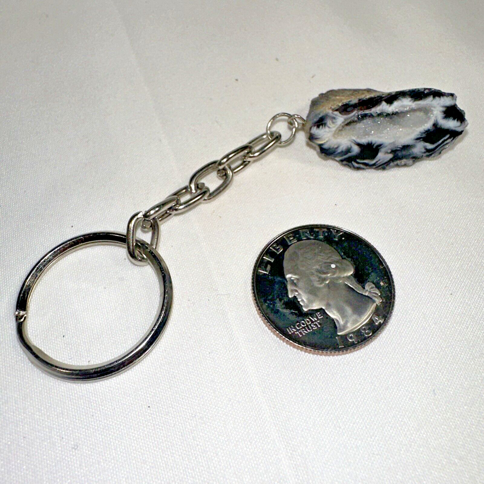NEW Natural Oco Agate Geode Keychain Key Ring, Half Stone Rock Crystal Mineral