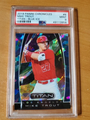 2019 Panini Titan Blue Ice Prizm Refractor Mike Trout Card #8 #80/99 PSA 9 Mint