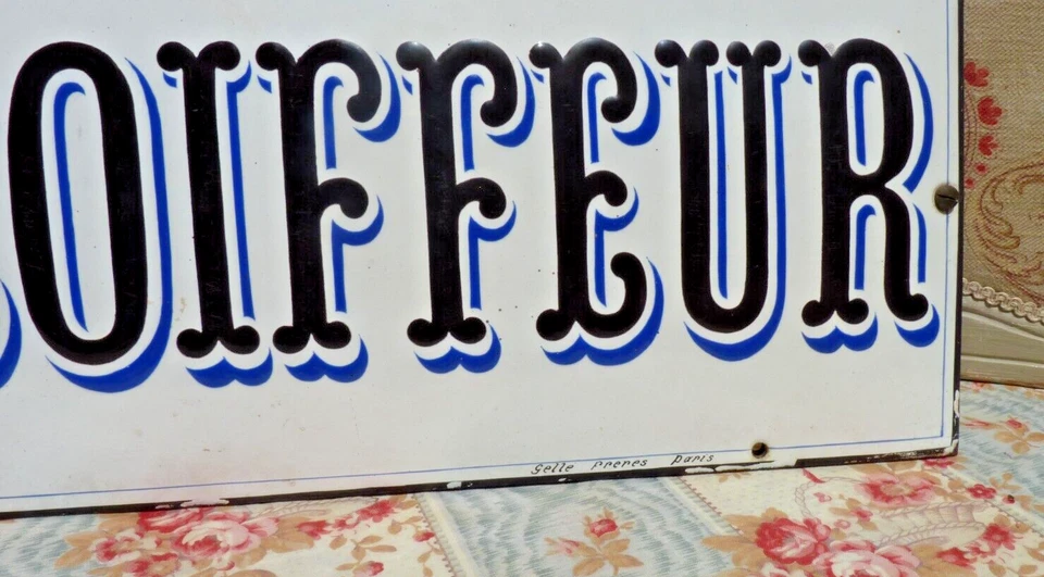 ANCIENNE ENSEIGNE double faces "COIFFEUR"/ PLAQUES BOMBÉES en TOLE ÉMAILLÉE - Photo 4/4