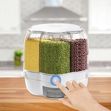 6-Grid Rotating Dry Food Dispenser Kitchen Rice Flour Sugar Grain Storage Bucket