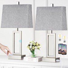 Touch Control Table Lamps Set of 2, Modern Silver Bedside Lamps with USB A C ...