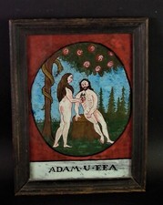 antikes Hinterglasbild - ADAM und EVA - Holznägel / schlieriges Glas