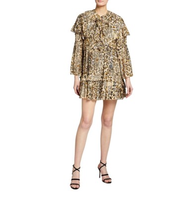 pinko leopard dress Pinko Ippolito Leopard Print Silver Metallic Ruffle Tiered Mini Dress New $550