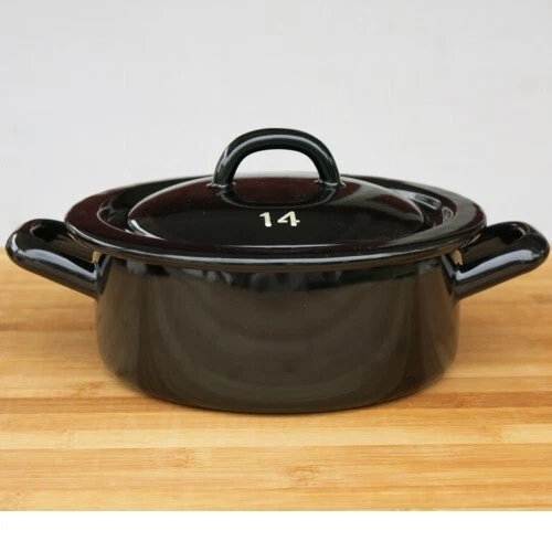 Riess Emaille Topf schwarz 14 cm 0,75 l Riesen Zwerge Kochtopf mit Deckel