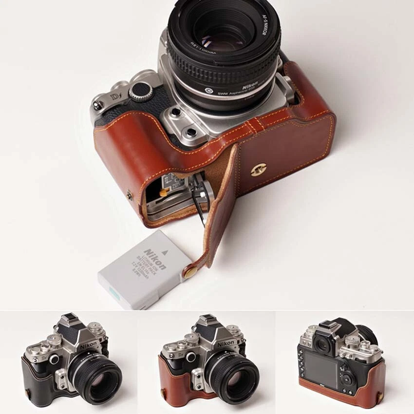 Estuche con media cámara de cuero genuino hecho a mano para Nikon DF Foto 2 de 4
