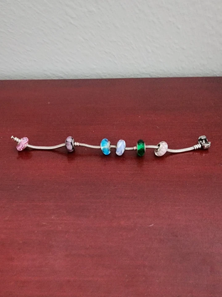 PANDORA 925 STERLING SILVER BRACELET W/(6) PANDORA 925 MURANO GLASS CHARMS. 7.5" - Image 3 of 4