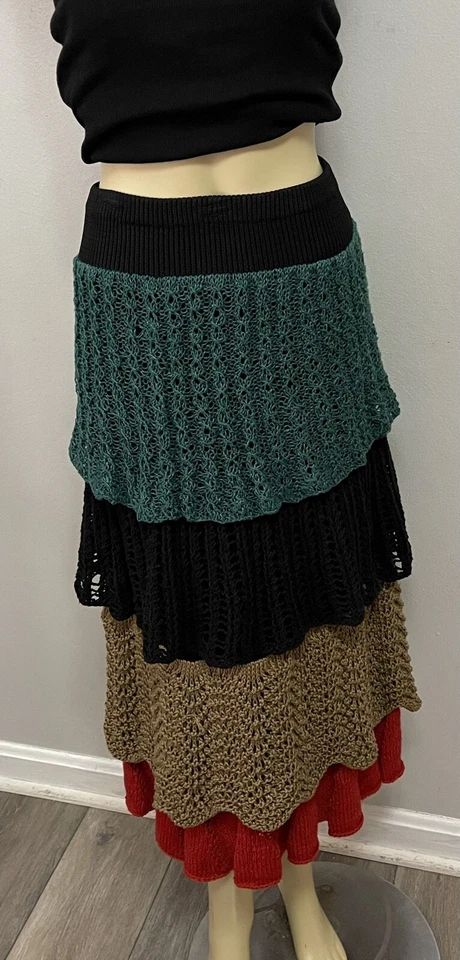 "Impresionante falda midi tejida mixta crochet multicolor única en su clase años 70 cintura 28""" Foto 3 de 4