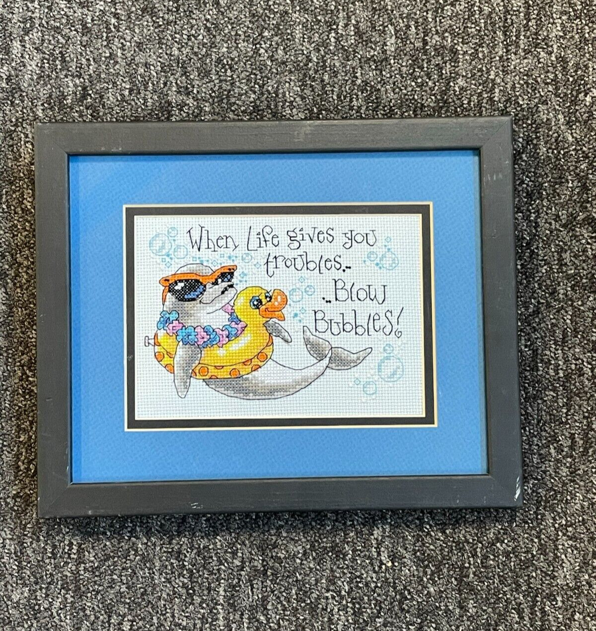 FRAMED COMPLETED CROSS STITCH: BLOW BUBBLES: 28 x 24cm(SLIGHT DAMAGE)