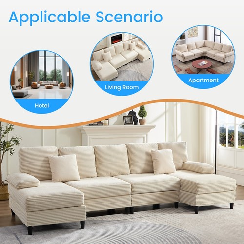U Shaped Sectional Sofa,Corduroy Sectional Couch,4 Seat Sofa with Double Chaise - Picture 14 of 25