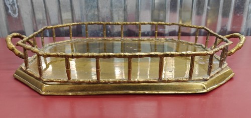 Hollywood Regency SOLID BRASS 14" Octagon & 13" Round Bamboo Handled Tray CAPCO - Picture 7 of 24
