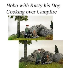 HO Scale Hobo with Dog Cooking in Campfire Set 1/87 Figure comes PAINTED