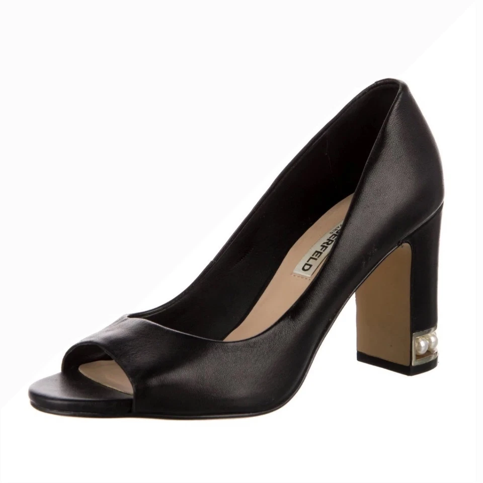 Karl Lagerfeld Paris charol negro punta abierta tacón bloque perla vacaciones talla 7 Foto 2 de 4