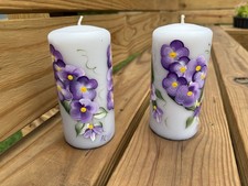 Set of 2 White Wax Pillar Candles Hand-Painte...