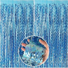 Tinsel Foil Fringe Curtains Wavy Backdrop for Parties 2 Pack, Light Blue