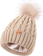 Satin Lined Beanie for Women with Pom Pom, Fashionable Womens Winter Hats Silk B