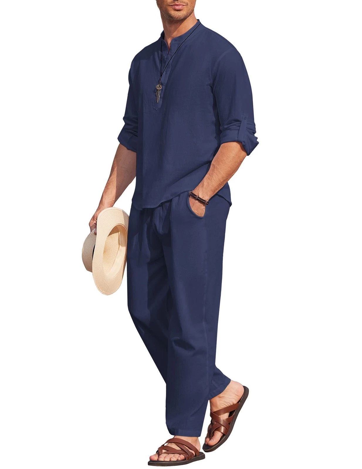 Men's 2 PC Cotton Linen Long Sleeve Henley Shirts & Beach Pants Navy Blue 3XL