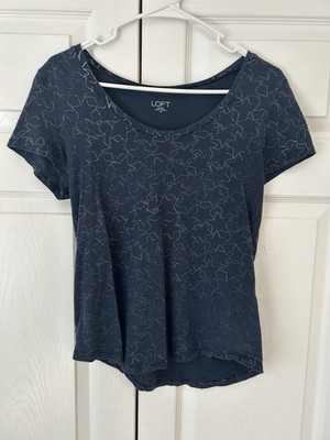 LOFT Women s Navy Blue Star Print Scoop Neck 100% Cotton Blouse Shirt Size XS