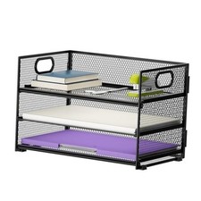 3 Tier Paper Organizer Letter Tray, Mesh File Organizer with Handle, Black