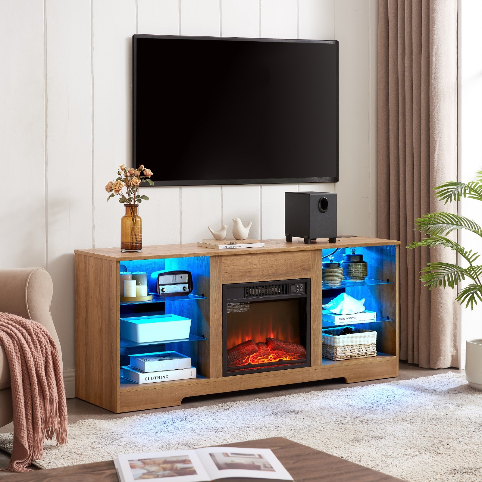 58" Electric Fireplace TV Stand W/Glass Shelves Power Outlet for TV Up To 32-62"