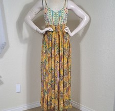 Raga Peacock Print Embroidered Maxi Dress Boho Spaghetti Strap Small