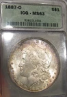 1887 O Morgan Silver Dollar BU, RARE, ICG MS 63, Colorful toning 5213