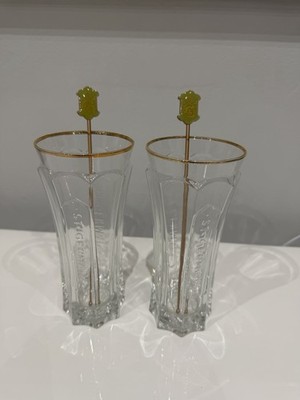 vintage St-Germain Distillery Advertising Glasses with Gold Rim and Stirrers Set