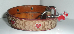VINTAGE Y2K COACH MAROON LEATHER BROWN JACQUARD HEART CHARMS DOG COLLAR 8837 L