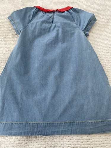 MINI BODEN GIRLS LINED DRESS SIZE 6 BLUE WITH RED COLLAR AND FLORAL APPLIQUÉS - Picture 2 of 7