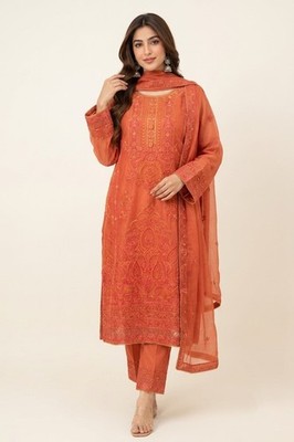 Women's Peach Orange Embroidered Chiffon Suit & Dupatta - Silk Trouser - 3 Piece