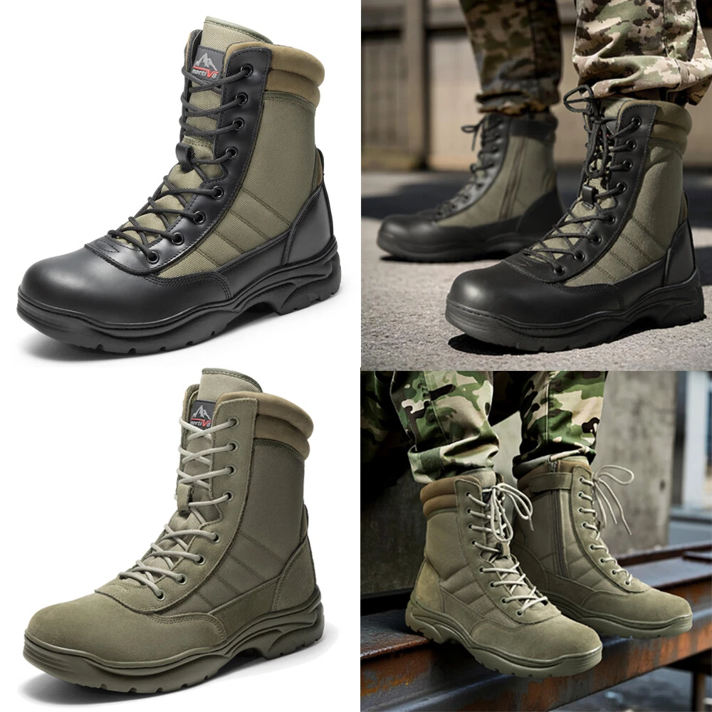 Men Military Tactical Work Boots Side Zipper Motorcycle Combat Boots ARMY GREEN