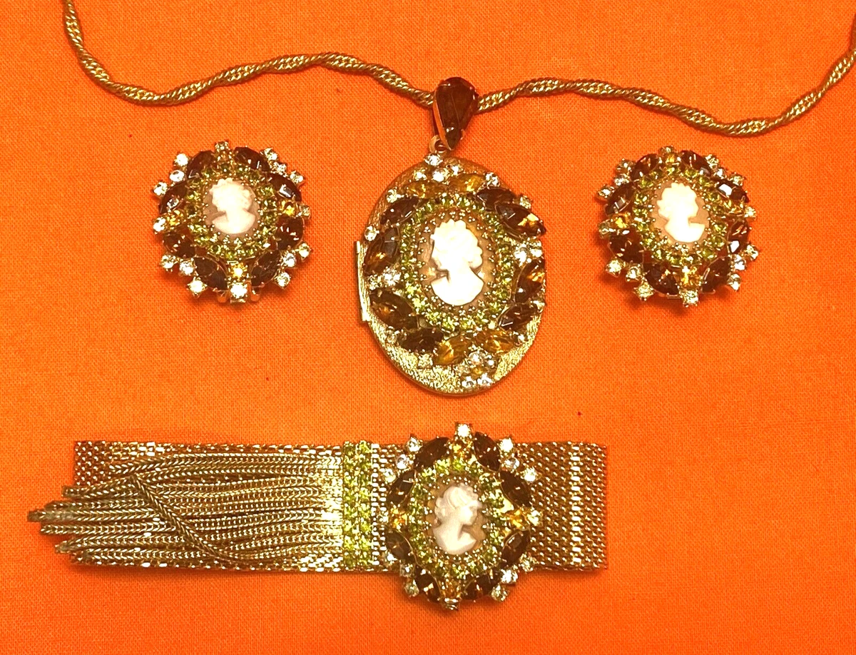 Vintage Signed HOBE Jewelry Encrusted Locket Necklace Cameo