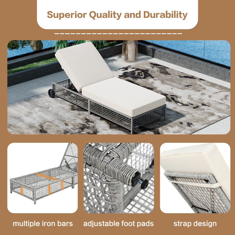 Rattan Outdoor Lounge Chair Set of 2 w 5-Position Backrest & Cushion, Grey+Beige