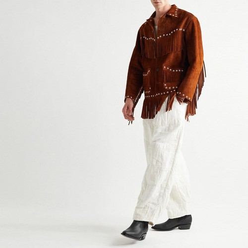 Men's Brown Western Leather Jacket With Fringe Cowboy Style Suede Leather Jacket - Picture 6 of 13