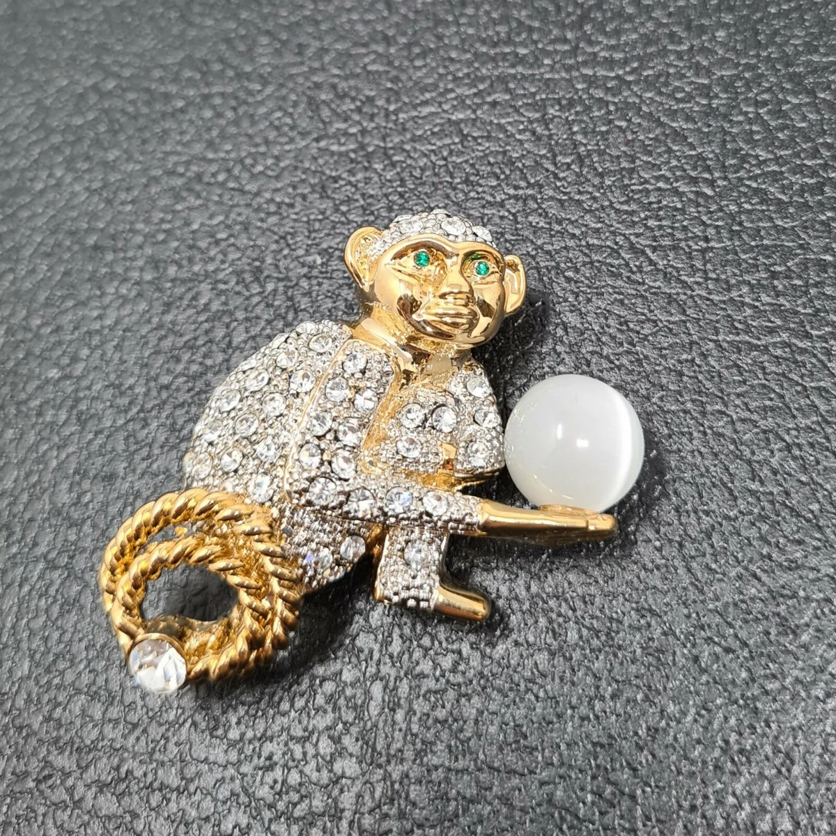 Dazzling Monkey Holding Crystal Ball Brooch Pin Rhinestones Jewelry New in box